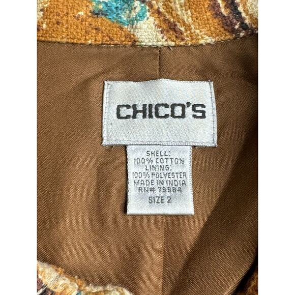 Chicos Blazer Jacket Womens Large Woven Cotton Brown Blue Abstract Print Button - Picture 6 of 11